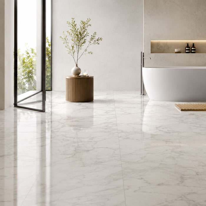 Clean polished marble floor in a modern bathroom with a microfiber mop for gentle floor maintenance