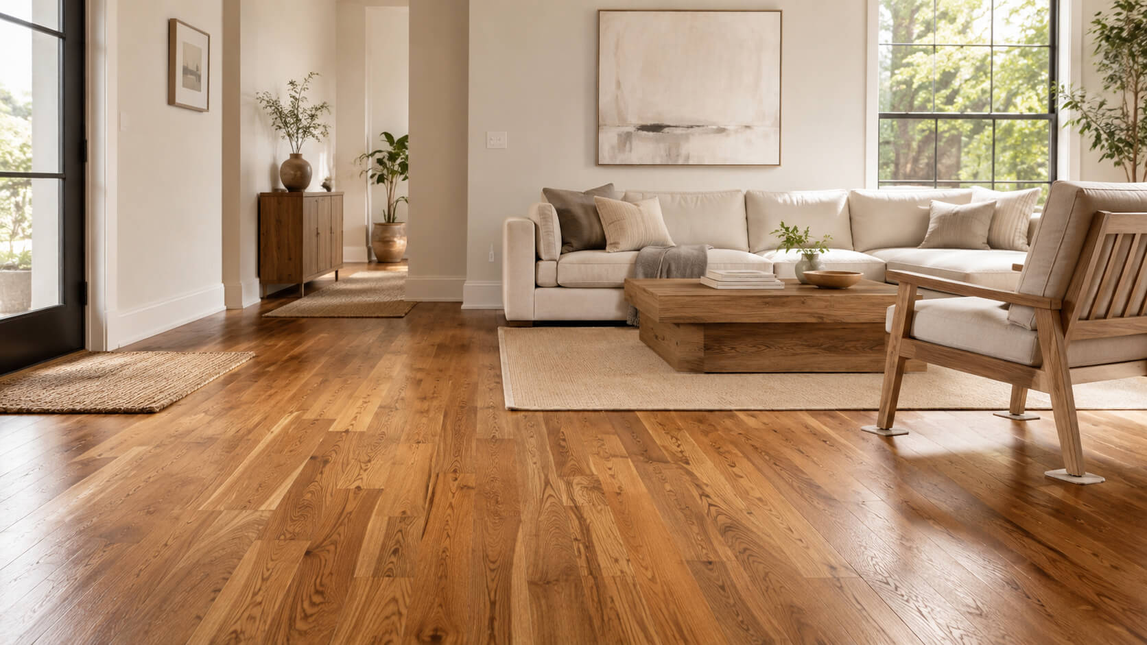 Hardwood flooring installation in a modern living room showing wood planks, spacers, and tools used for a durable long-lasting floor