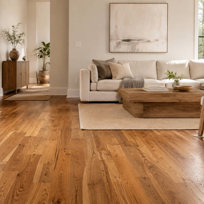 Hardwood flooring installation in a modern living room showing wood planks, spacers, and tools used for a durable long-lasting floor