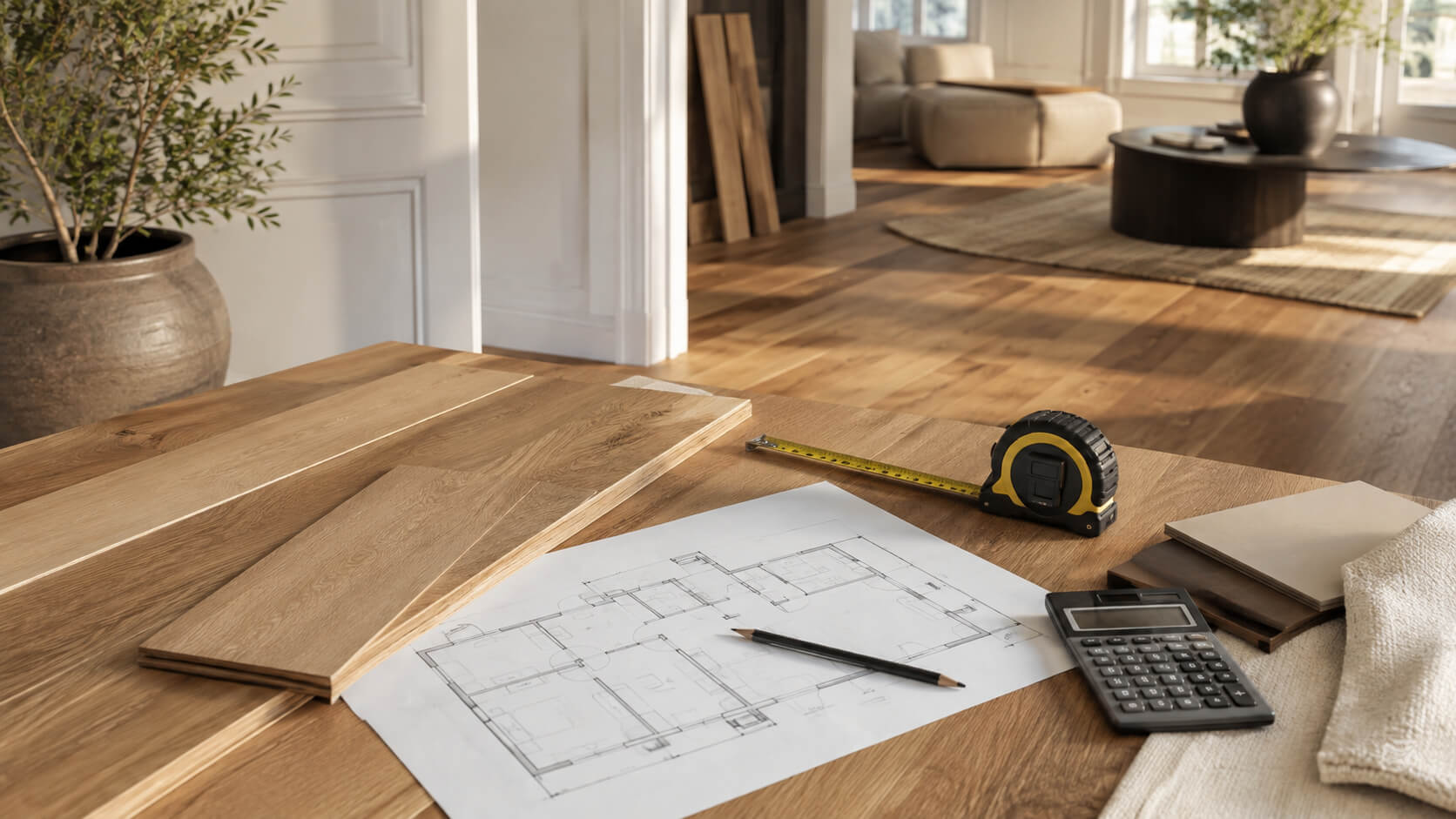 Hardwood flooring samples, tape measure, calculator, and floor plan prepared for measuring flooring before ordering