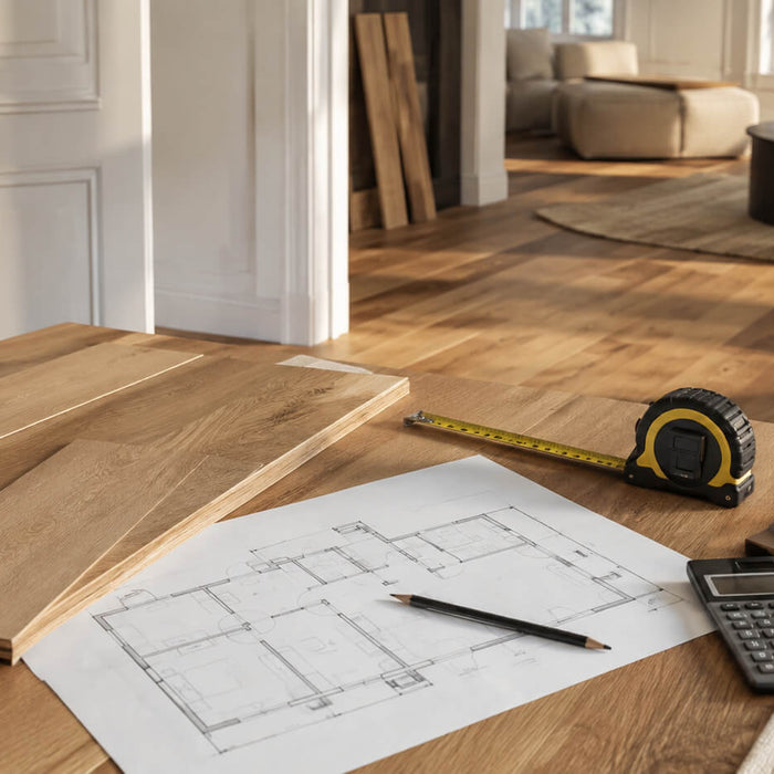 Hardwood flooring samples, tape measure, calculator, and floor plan prepared for measuring flooring before ordering