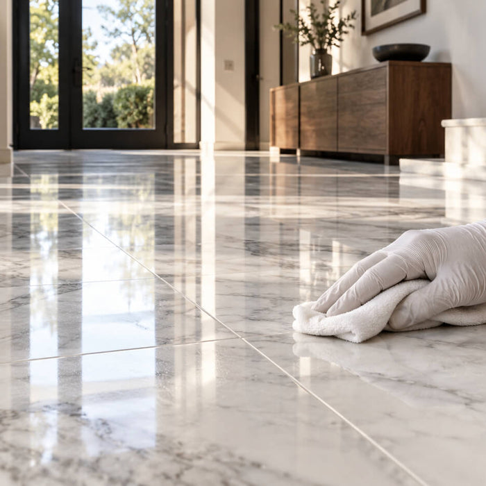 Gloved hand buffing polished white marble floor tiles with a soft cloth in a bright interior.