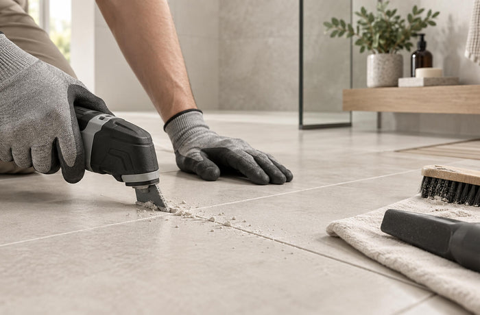 Removing old tile grout with an oscillating grout removal tool between floor tiles