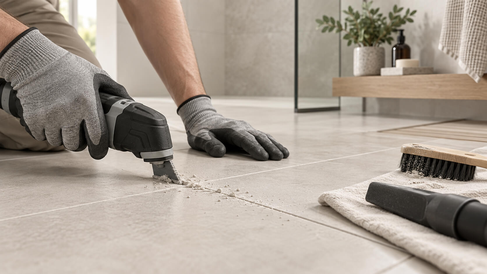 Removing old tile grout with an oscillating grout removal tool between floor tiles