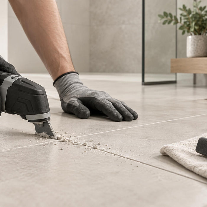 Removing old tile grout with an oscillating grout removal tool between floor tiles