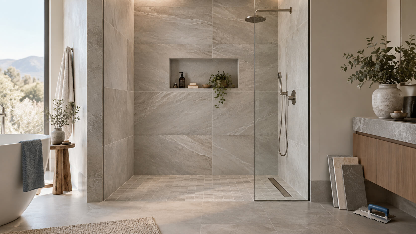 Modern tiled walk-in shower with large-format stone-look tiles, recessed niche, and linear drain