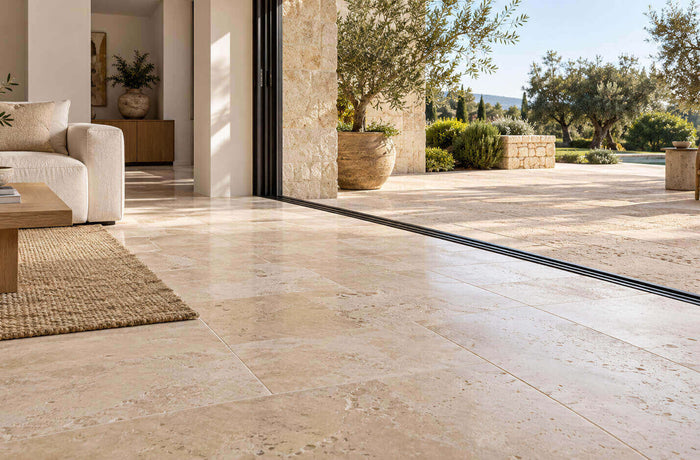 Beige travertine flooring connects a sunlit living room with a garden terrace through open sliding doors.