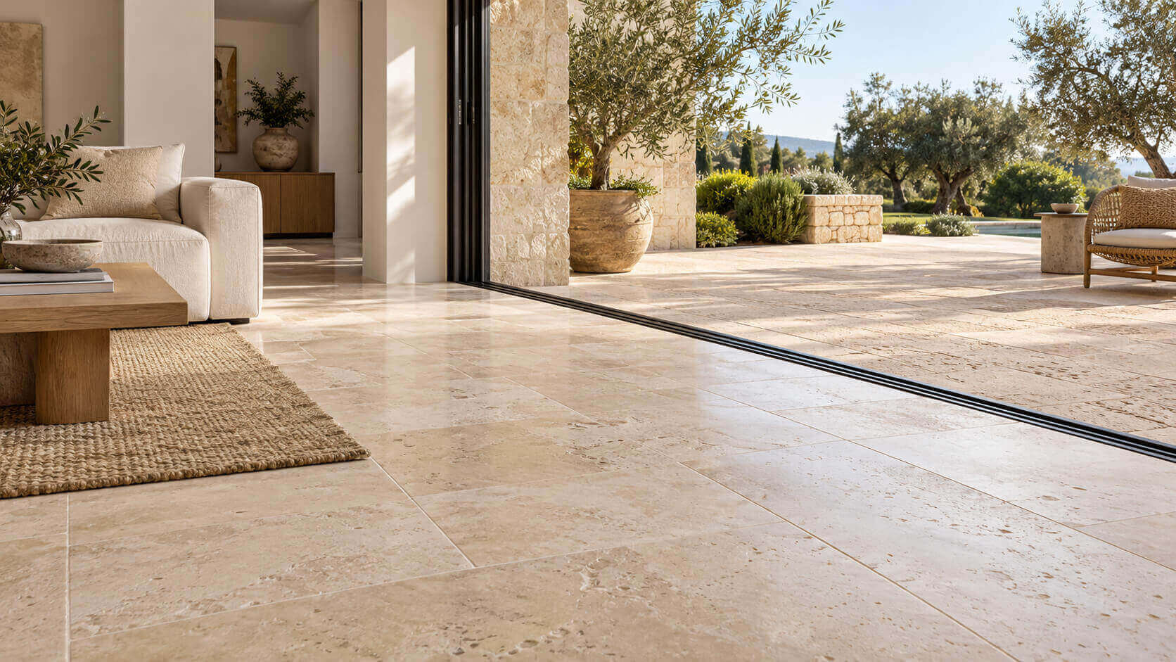 Beige travertine flooring connects a sunlit living room with a garden terrace through open sliding doors.