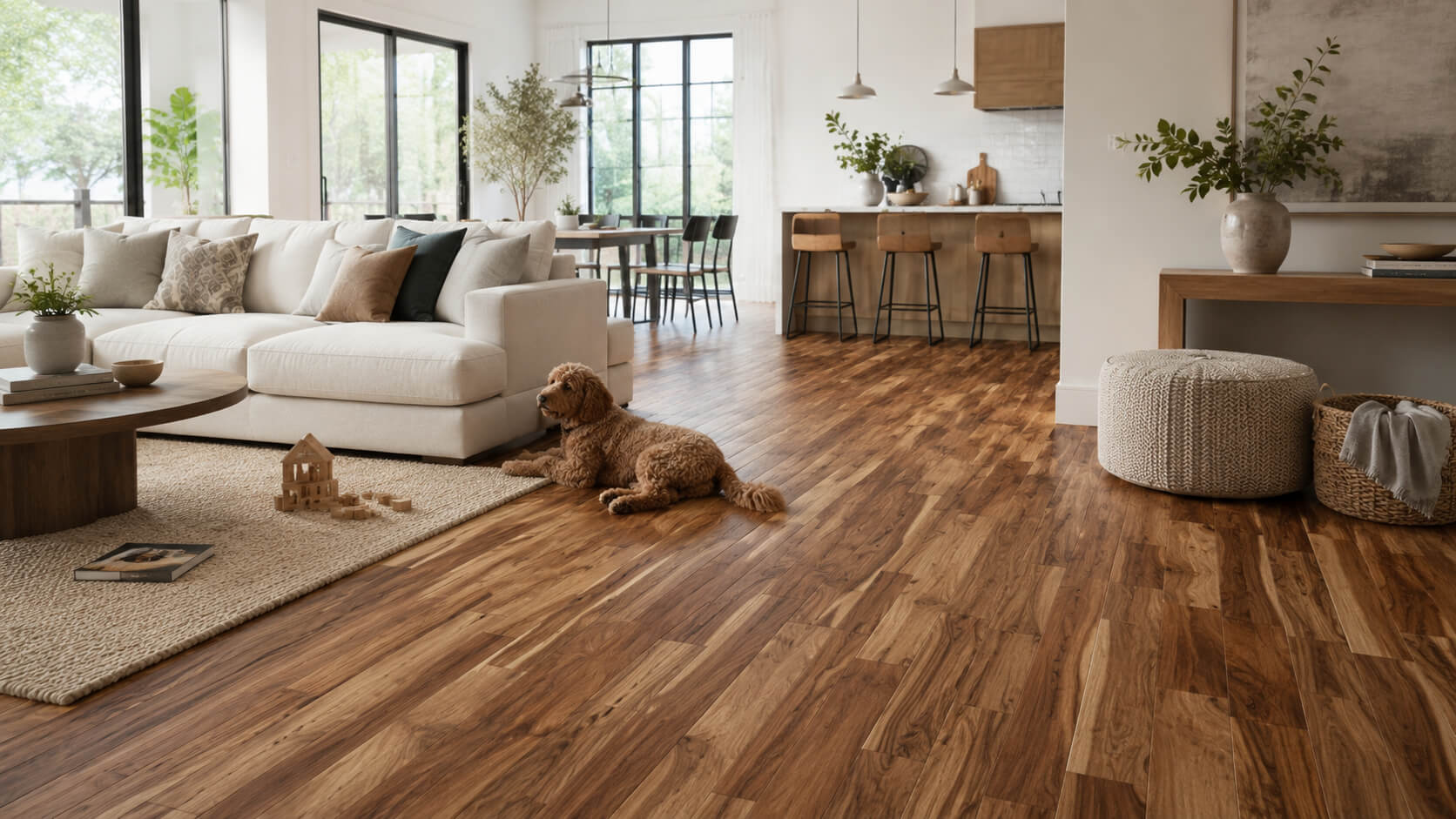 Bright modern family living room with acacia hardwood flooring, a neutral sofa, kids toys, and a dog resting on the floor.