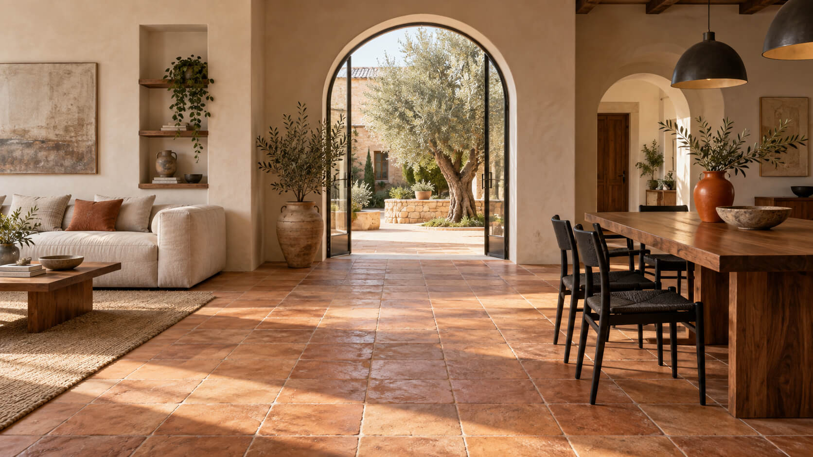 Tuscan-style living and dining room with terracotta floor tiles, walnut furniture and a sunlit arched doorway.