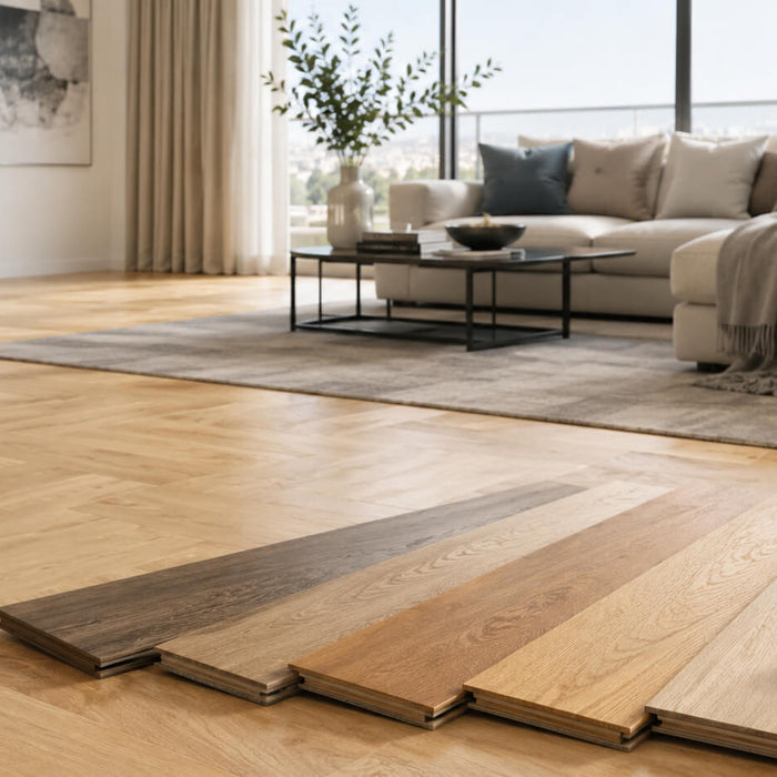 Hardwood flooring samples with a steel ball in a modern living room illustrating Janka hardness and wood dent resistance.