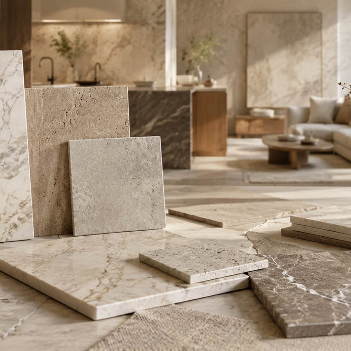Natural stone tile samples displayed in a warm interior setting, showing different textures, colors, finishes, and slab styles for stone selection.