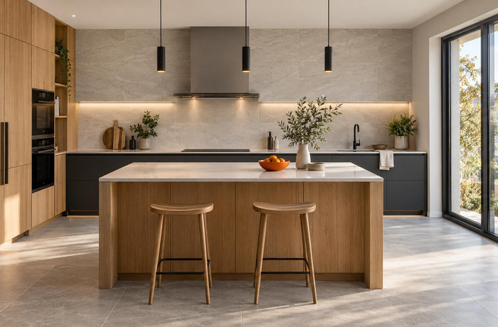 Modern kitchen with oak cabinets, a light stone island, gray floor tiles and layered lighting.