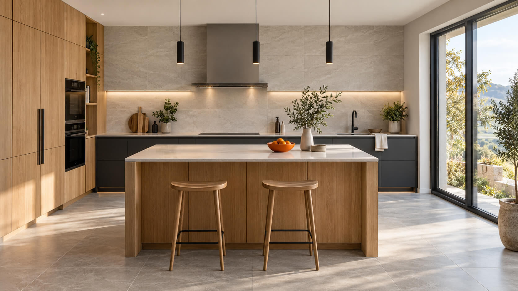 Modern kitchen with oak cabinets, a light stone island, gray floor tiles and layered lighting.