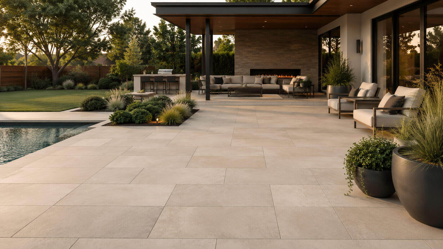 Large format pavers creating a clean and modern backyard patio with a pool and outdoor living area