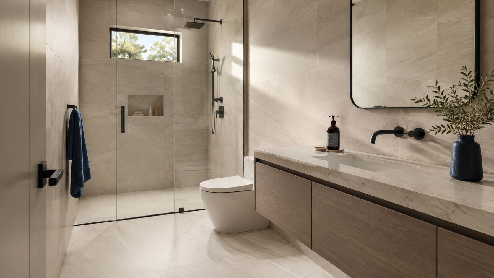 Large format porcelain tile in a small modern bathroom with minimal grout lines and a spacious visual effect