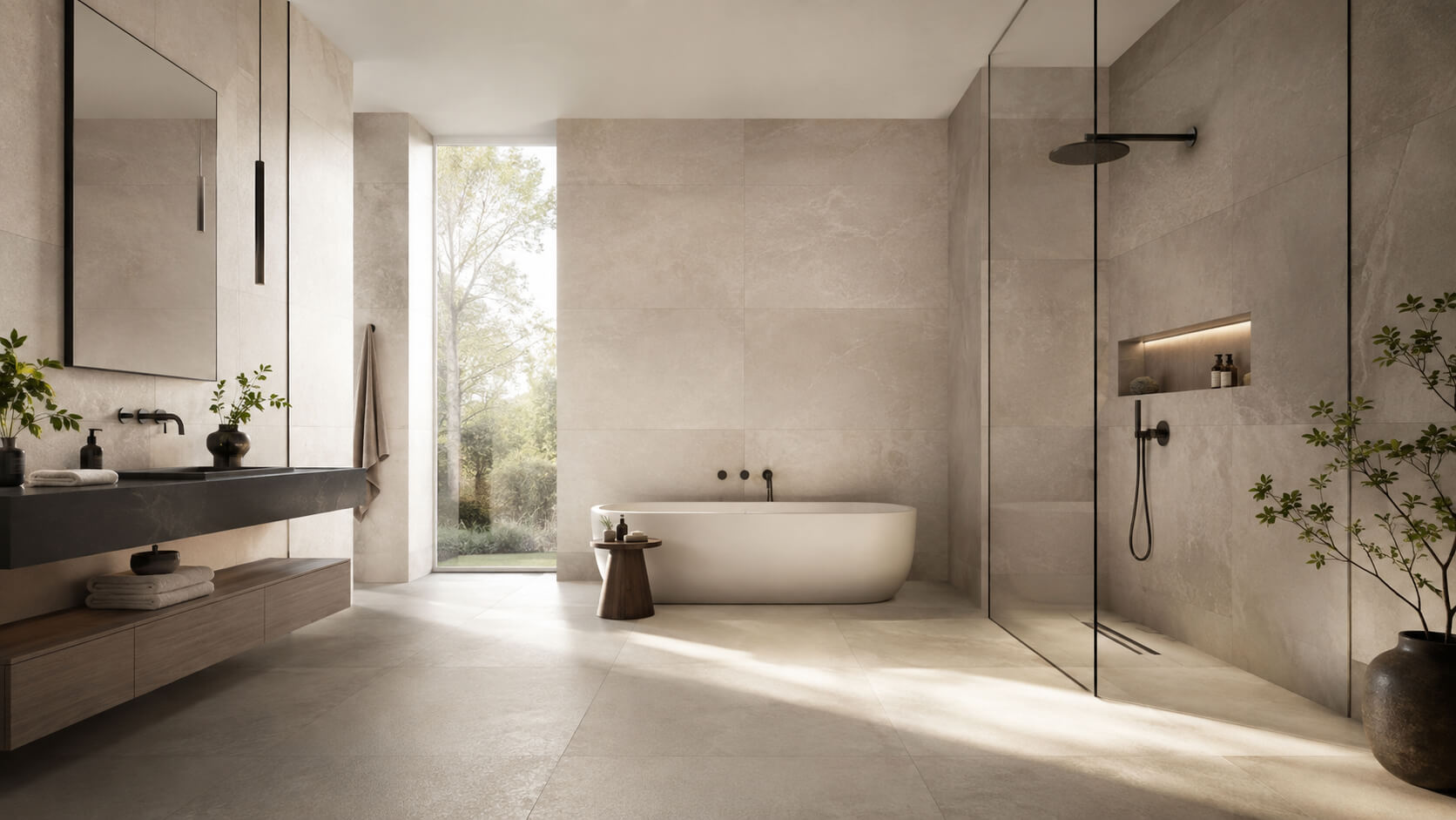 Modern bathroom with large-format beige porcelain tile on floors and walls, creating a seamless and minimal design.