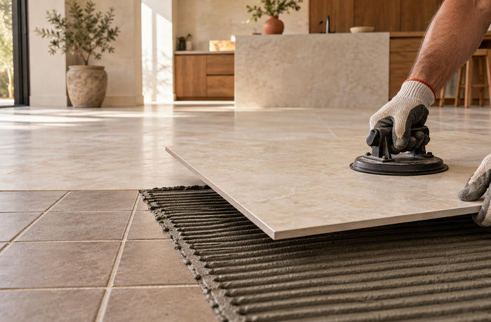 Installer laying a large limestone-look porcelain tile over existing ceramic floor tiles in a modern kitchen.