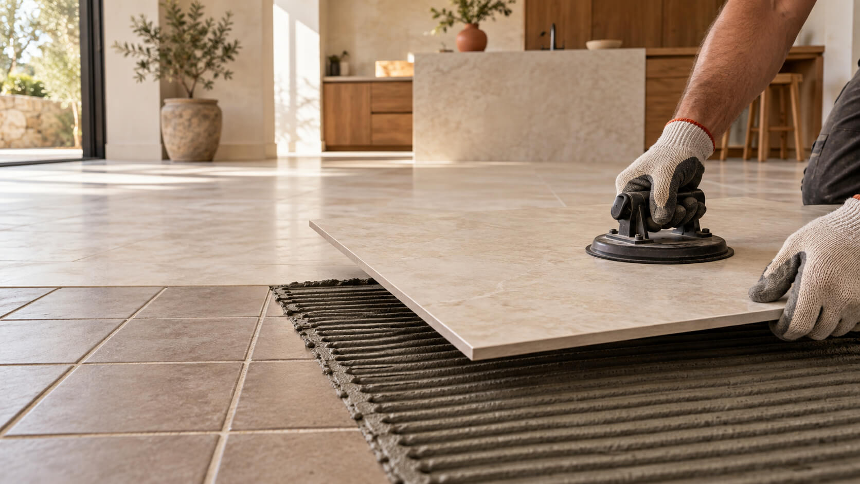 Installer laying a large limestone-look porcelain tile over existing ceramic floor tiles in a modern kitchen.