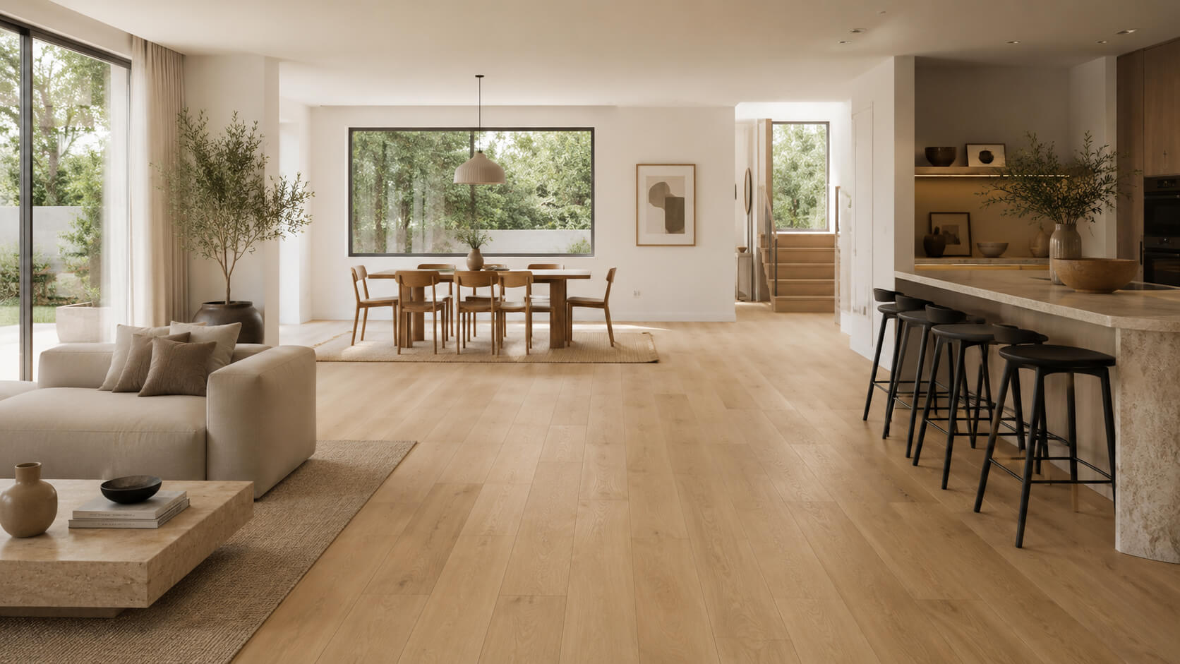 Light oak hardwood flooring in a bright modern open-plan home with warm neutral interiors