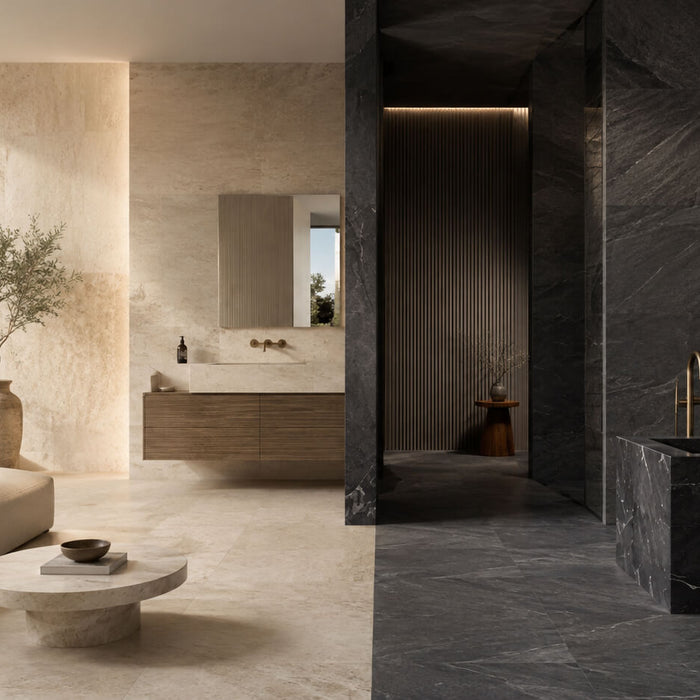 Light and dark natural stone used in contrasting luxury interior spaces