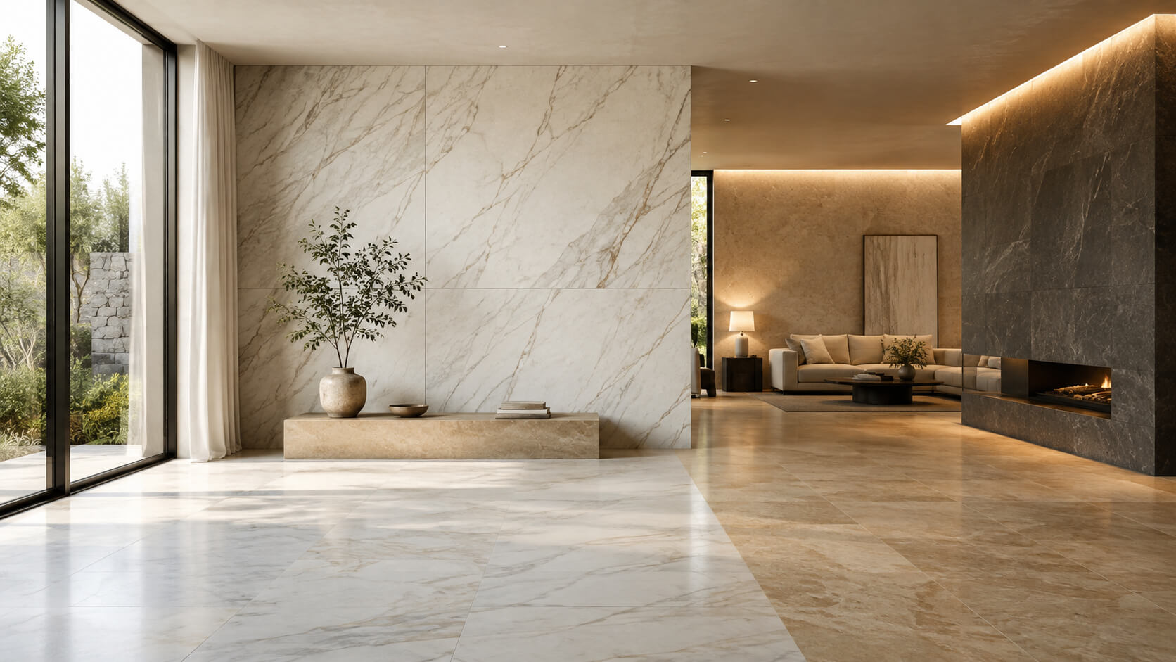 Natural stone tile interior showing how daylight and warm artificial lighting change the appearance of marble and stone surfaces