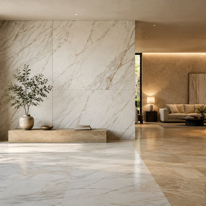 Natural stone tile interior showing how daylight and warm artificial lighting change the appearance of marble and stone surfaces
