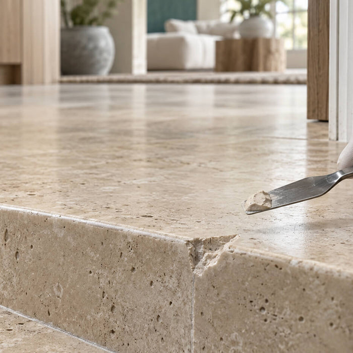 Gloved hand holding a spatula with beige filler beside a small chip in a limestone tile edge.