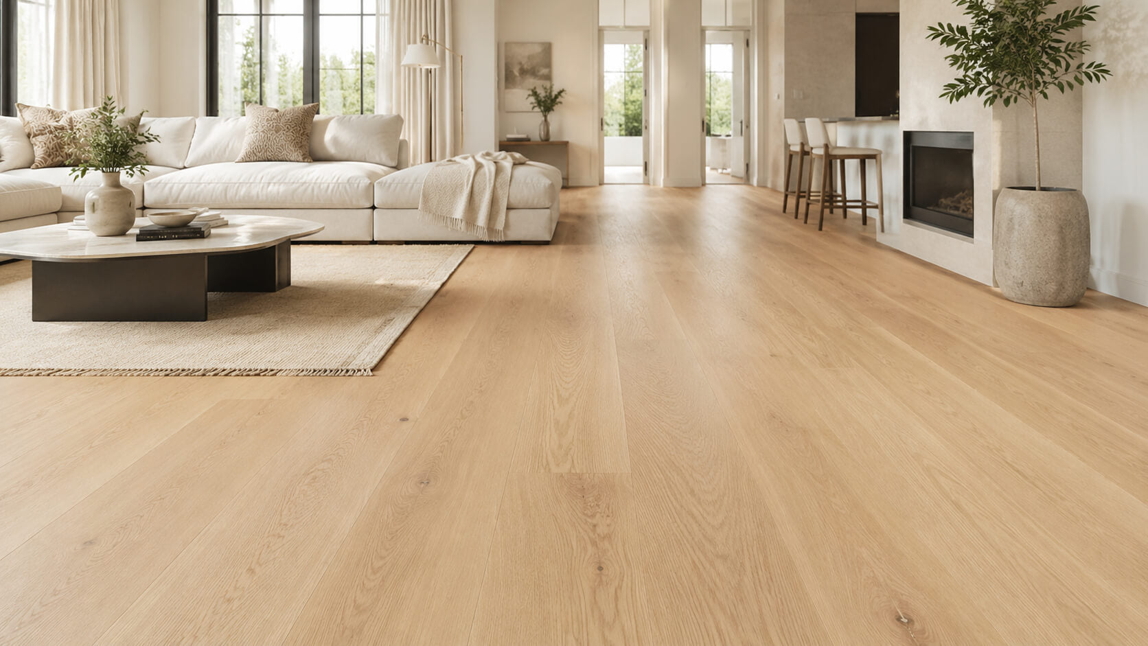 Bright modern living room with light white oak hardwood flooring in a warm neutral interior