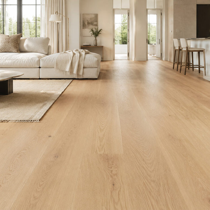 Bright modern living room with light white oak hardwood flooring in a warm neutral interior