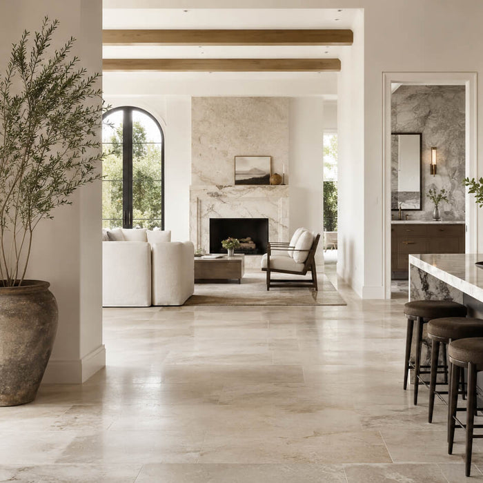 Luxury home renovation featuring natural stone flooring, marble kitchen surfaces, and a stone fireplace.