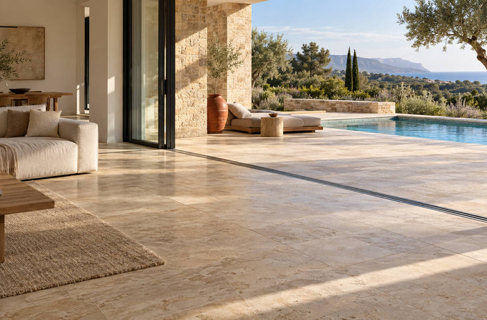 Luxury villa living room with beige travertine flooring opening onto a coordinated terrace and swimming pool.