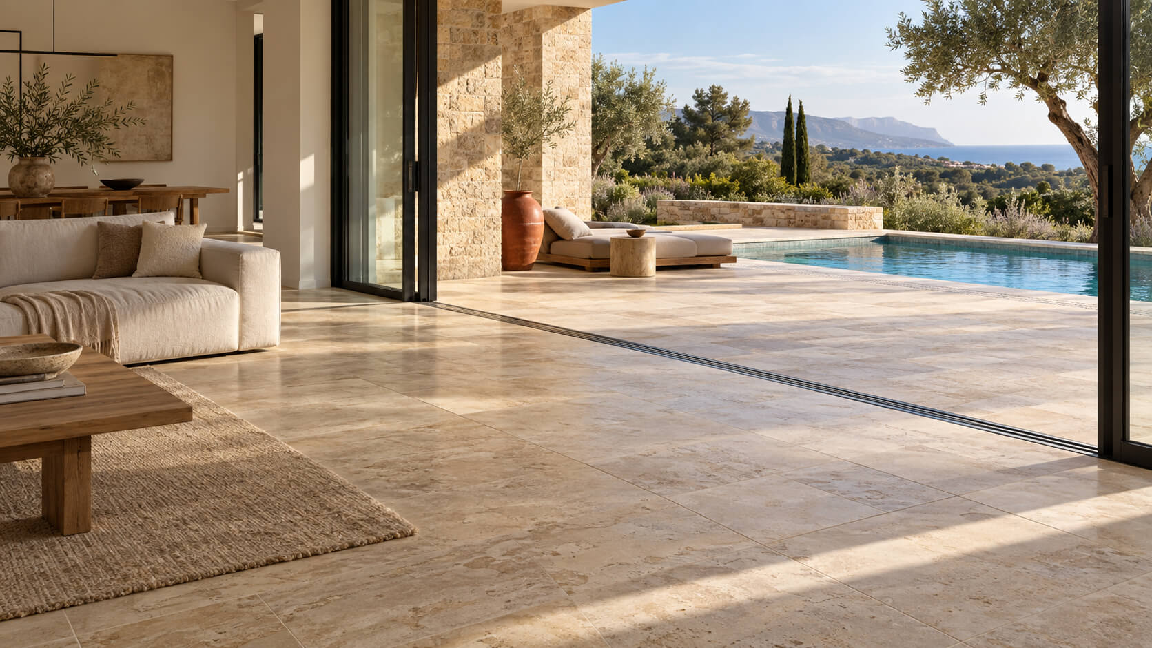 Luxury villa living room with beige travertine flooring opening onto a coordinated terrace and swimming pool.