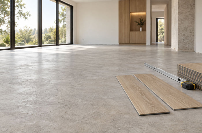 Empty room with a prepared concrete subfloor, oak-look LVT planks, and measuring tools ready for flooring installation.