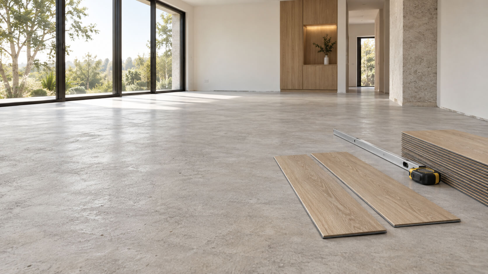Empty room with a prepared concrete subfloor, oak-look LVT planks, and measuring tools ready for flooring installation.