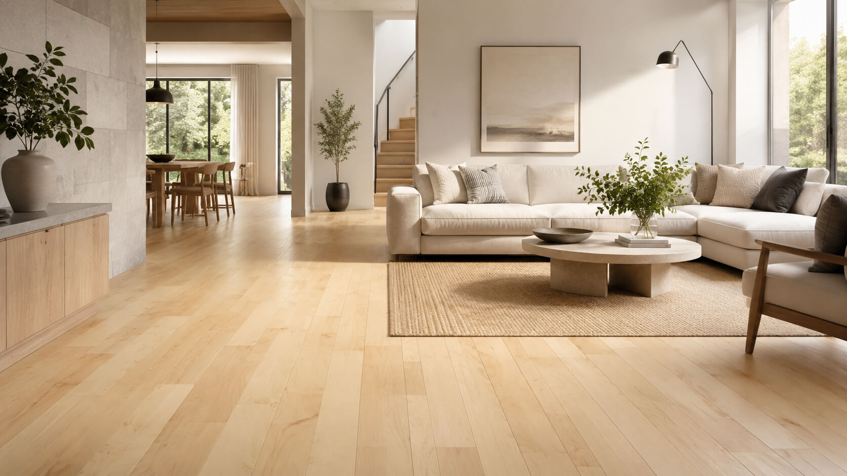 Bright modern living room with light maple hardwood flooring and a neutral Scandinavian-style interior.