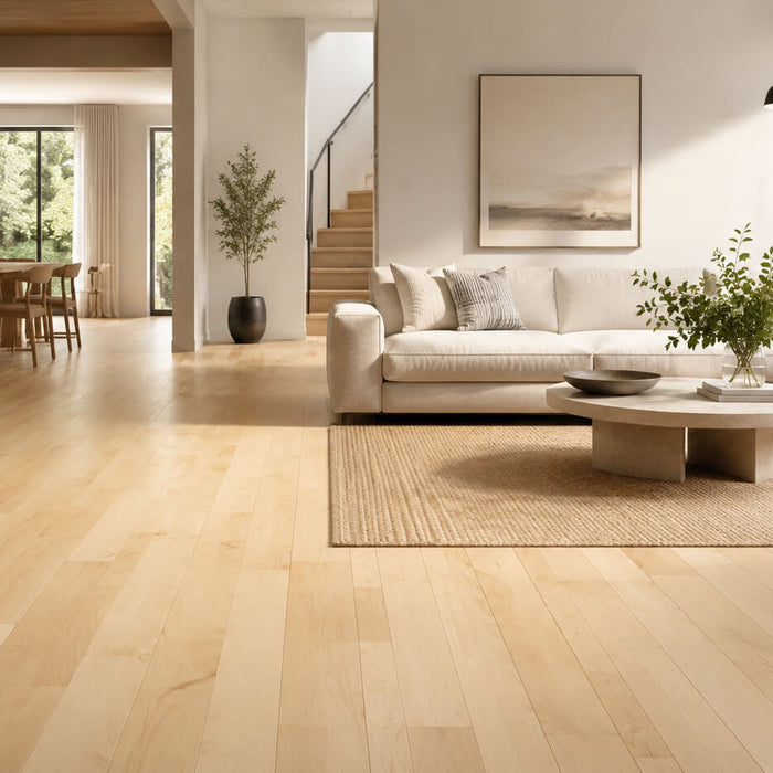 Bright modern living room with light maple hardwood flooring and a neutral Scandinavian-style interior.