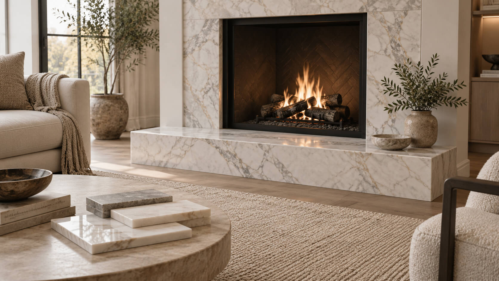 Marble fireplace hearth with natural veining in a modern living room