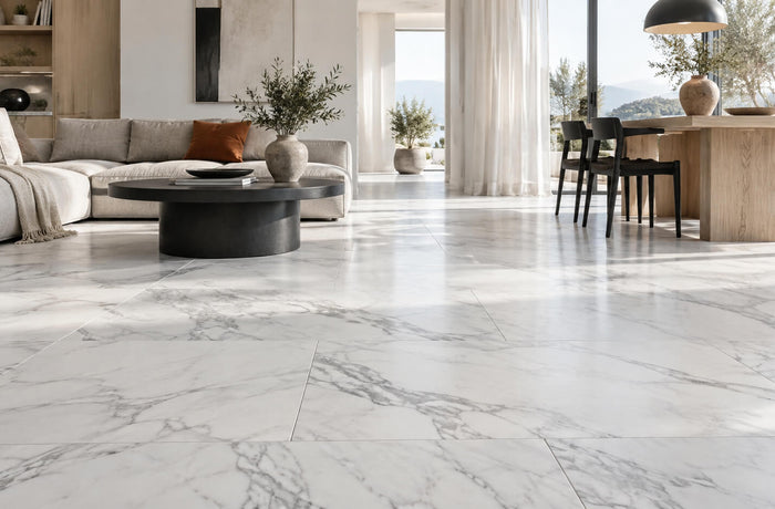 White marble-look vinyl flooring in a bright living and dining room with oak furniture and neutral seating.