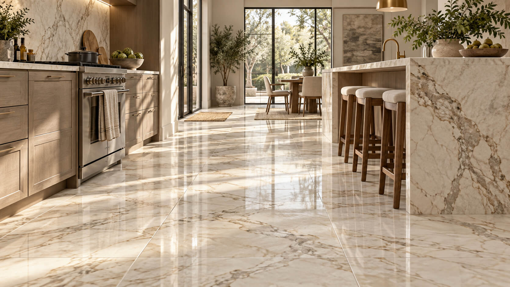 High-traffic luxury kitchen with veined marble tile flooring and warm natural light