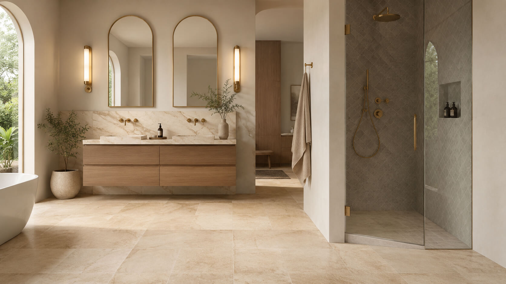 Coordinated bathroom design combining warm travertine flooring, veined marble surfaces, and neutral porcelain shower tile