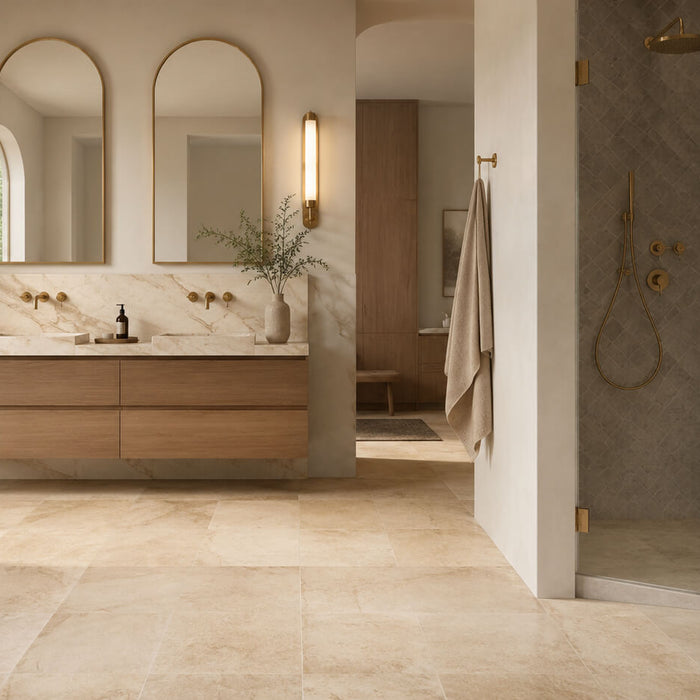 Coordinated bathroom design combining warm travertine flooring, veined marble surfaces, and neutral porcelain shower tile