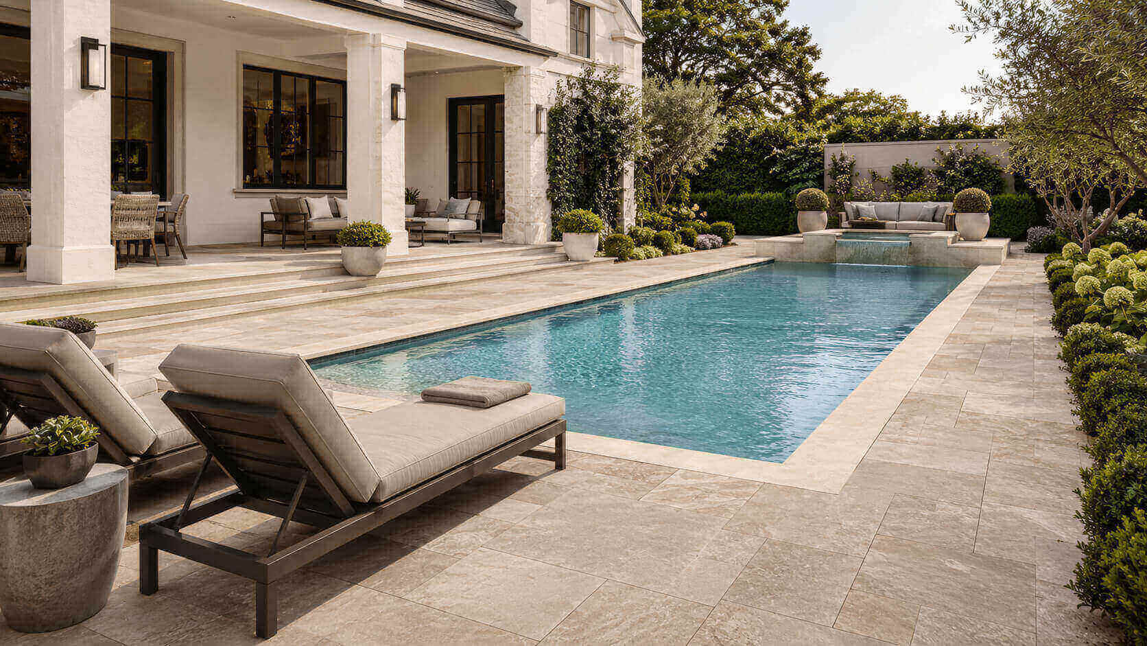 Luxury pool area with light cream coping and coordinated beige pavers, turquoise water, lounge seating, and landscaped greenery.