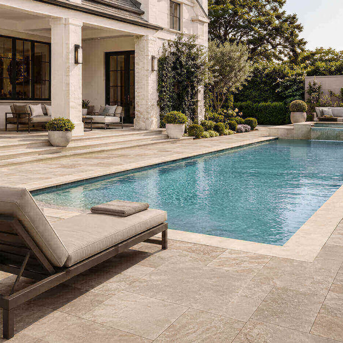 Luxury pool area with light cream coping and coordinated beige pavers, turquoise water, lounge seating, and landscaped greenery.