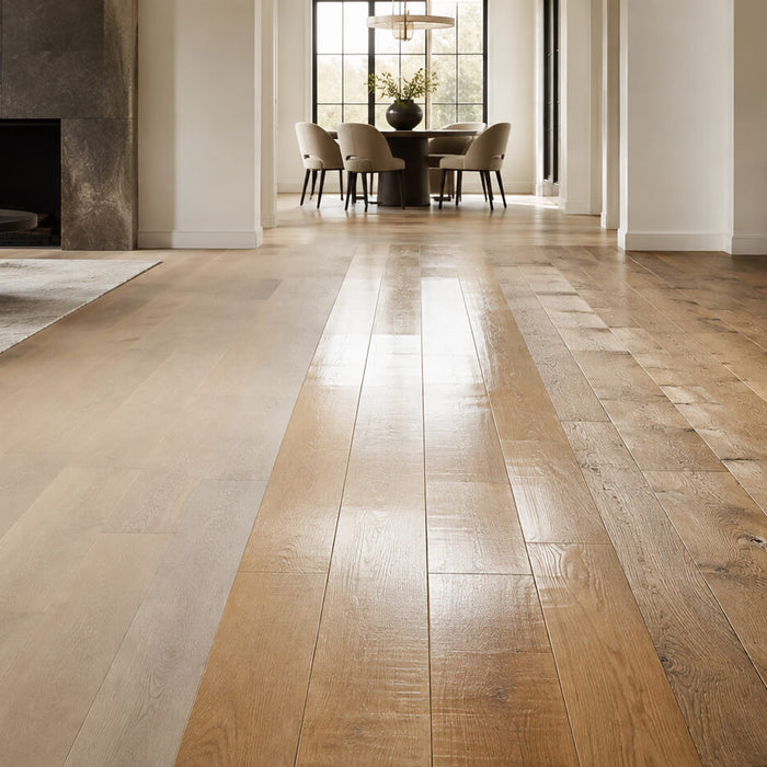 Modern interior showing three hardwood flooring styles side by side: matte, gloss, and hand-scraped finishes in a bright living space.