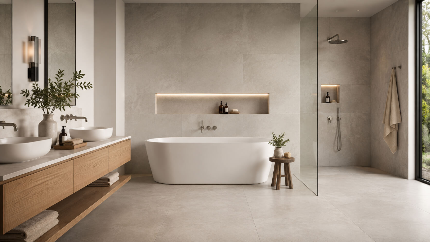 Modern bathroom featuring large-format matte porcelain tile on the walls and floor with warm wood accents.