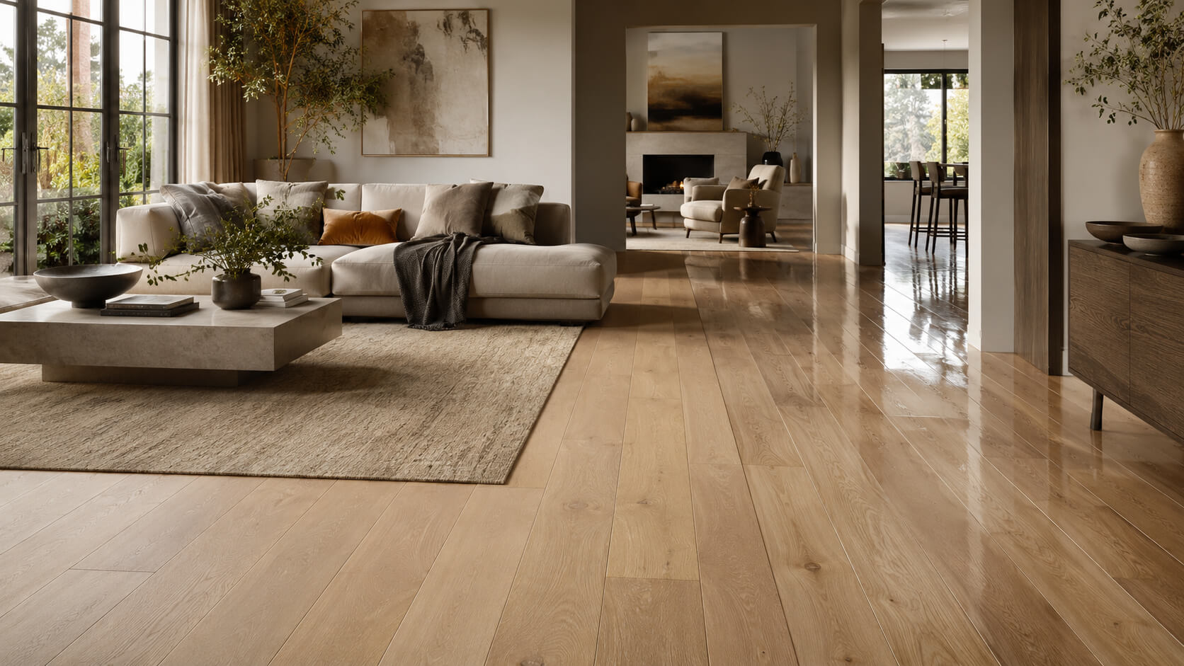 Modern living room with light oak hardwood flooring showing matte and glossy finish reflections