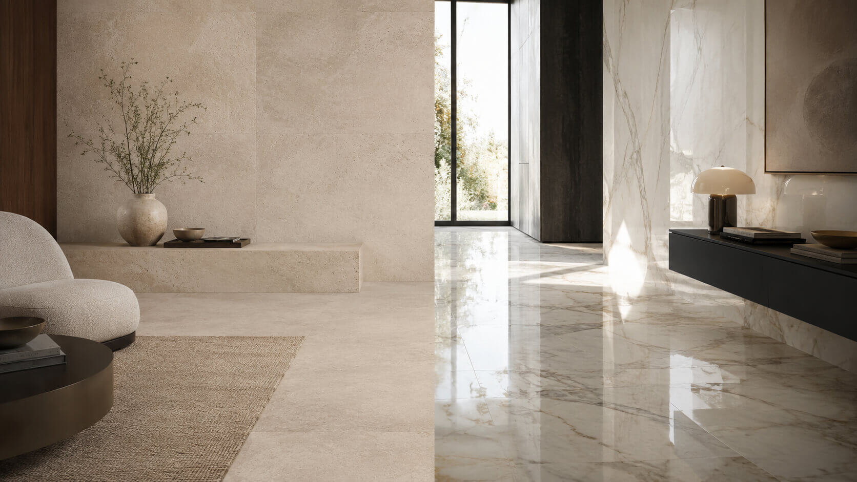 Modern interior split between matte beige natural stone on the left and glossy marble stone on the right, showing the visual contrast between soft and reflective finishes.