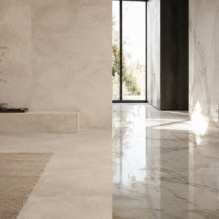 Modern interior split between matte beige natural stone on the left and glossy marble stone on the right, showing the visual contrast between soft and reflective finishes.