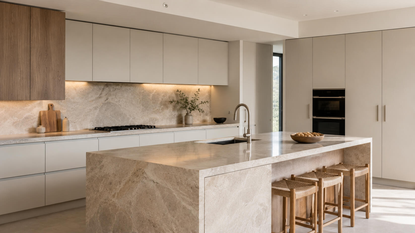Minimalist kitchen with warm natural stone island, matching stone backsplash, light cabinetry, and wood stools in a clean, bright interior.